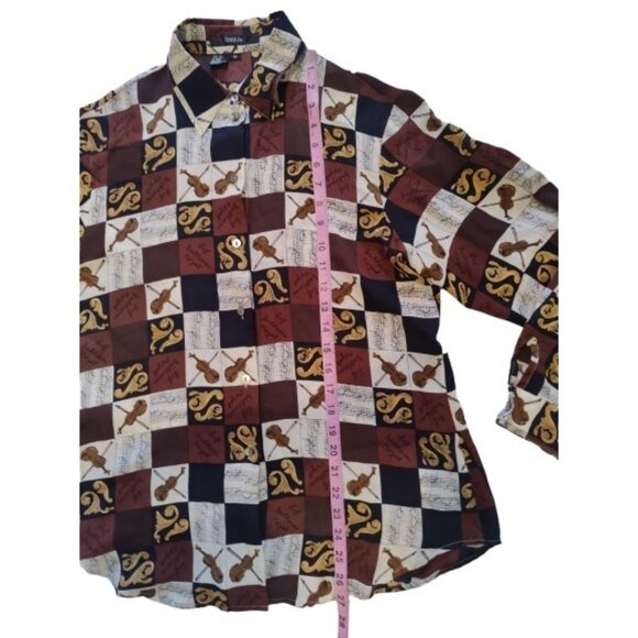 Ishyu 100% Silk Violin Music Patchwork Button Up Blouse Top 14/L - Picture 4 of 8